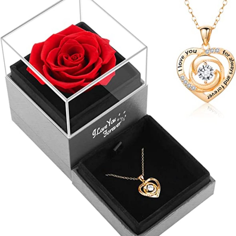 Preserved Real Rose with Heart Necklace Gifts